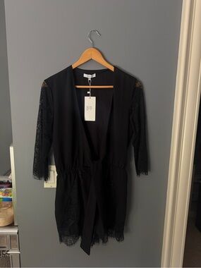 Lucy Paris Black Lace Sleeve Tie-Waist Romper